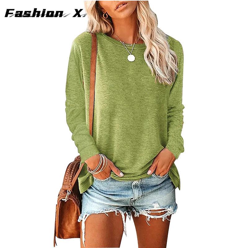 Женский свободный пуловер с круглым вырезом, однотонная женская футболка с длинными рукавами, топ