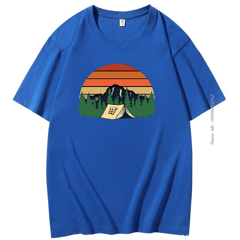 Camping Tent Trees Retro Sunset Graphic T Shirts Summer Cotton Oneck Tshirt Mens Short Sleeve Tshirt Mens Clothing