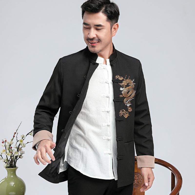 Весенне-осенний мужской костюм тан в китайском стиле с вышивкой дракона, мужской повседневный костюм с длинным рукавом, костюм тан в китайском стиле