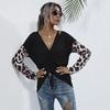Женская одежда Модные повседневные топы рубашки Модный и повседневный темперамент осень женский длинный рукав свободный черный леопардовый лоскутный вязаный свитер