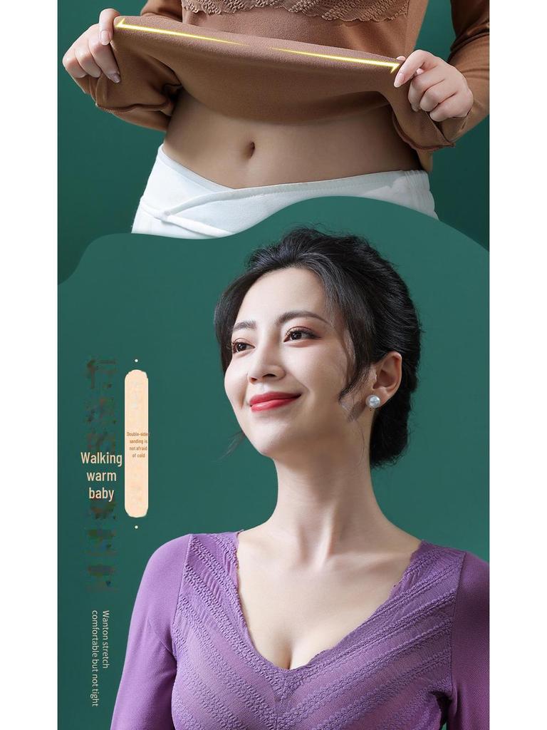 Женское термобелье из немецкого бархата: Плотный кружевной топ с V-образным вырезом и нагрудными накладками, длинные рукава, бесшовный, теплый.