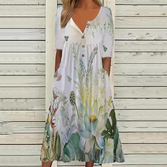 Summer Women Dress A-line Loose Hem Pleated O Neck Button Short Sleeve Loose Side Pockets Retro Floral Print Mid-calf Length Commute Beach Midi Dress