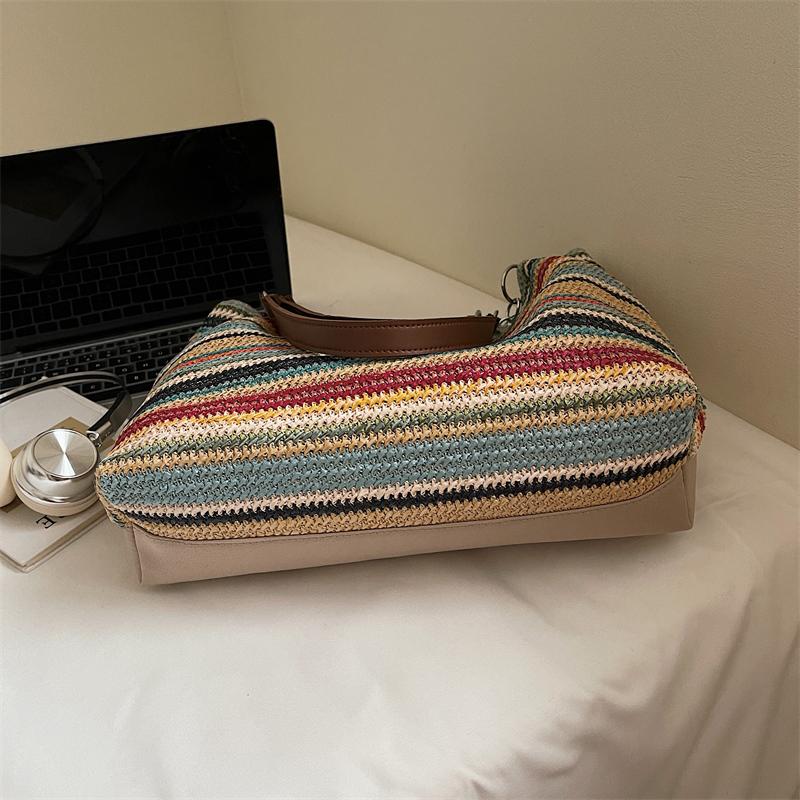 Женская сумка через плечо, полосатая сумка-тоут контрастного цвета, плетеная сумка-тоут, большая вместимость, плетеная сумка из соломы