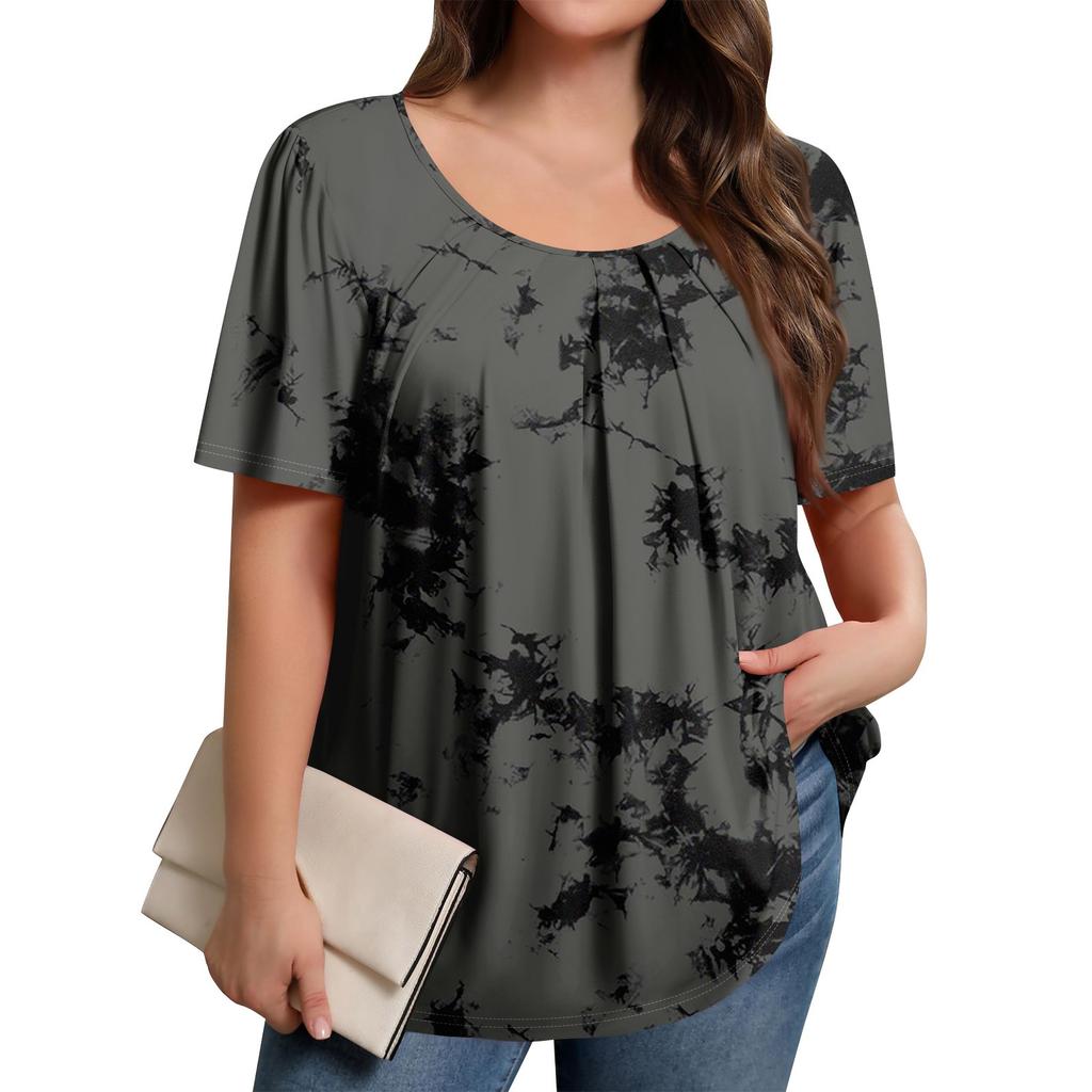 Plus Size Women's Casual Round Neck Pleated Short Sleeve Solid Color Top