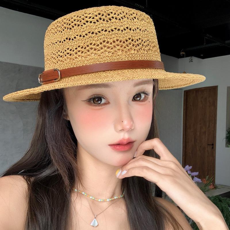 French retro flat-top Lafite straw hat women's summer seaside beach vacation sunshade sunscreen hat straw sun hat