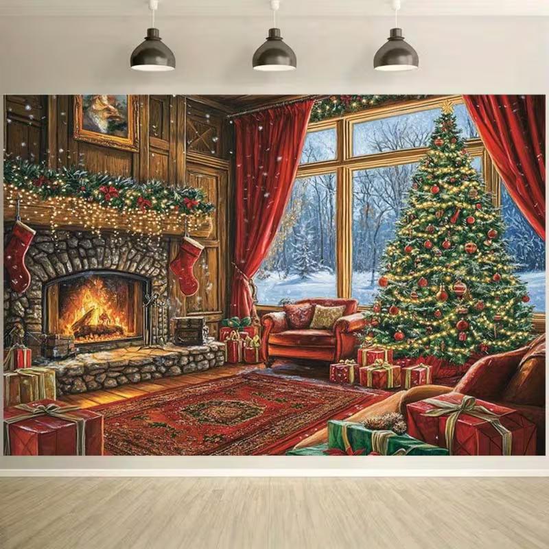 2D Warm Christmas Fireplace Backdrop Cozy Home Photography Background