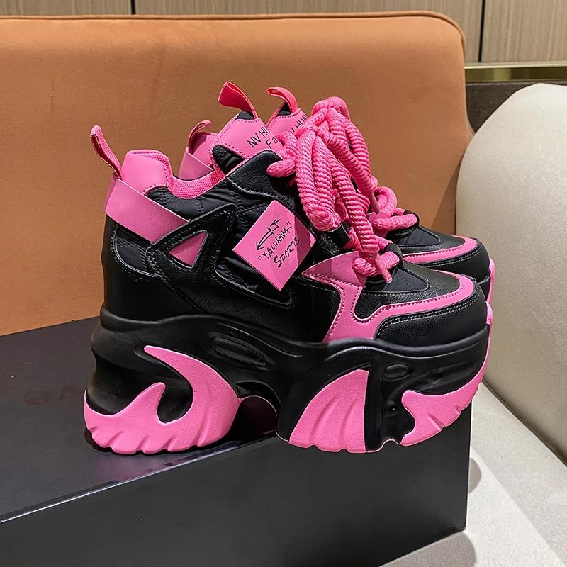 Модные женские кроссовки для ходьбы 2025 Весна На шнуровке Высокая платформа Массивная обувь Дышащая кожаная обувь Клиновидный каблук 10 см Повседневная обувь