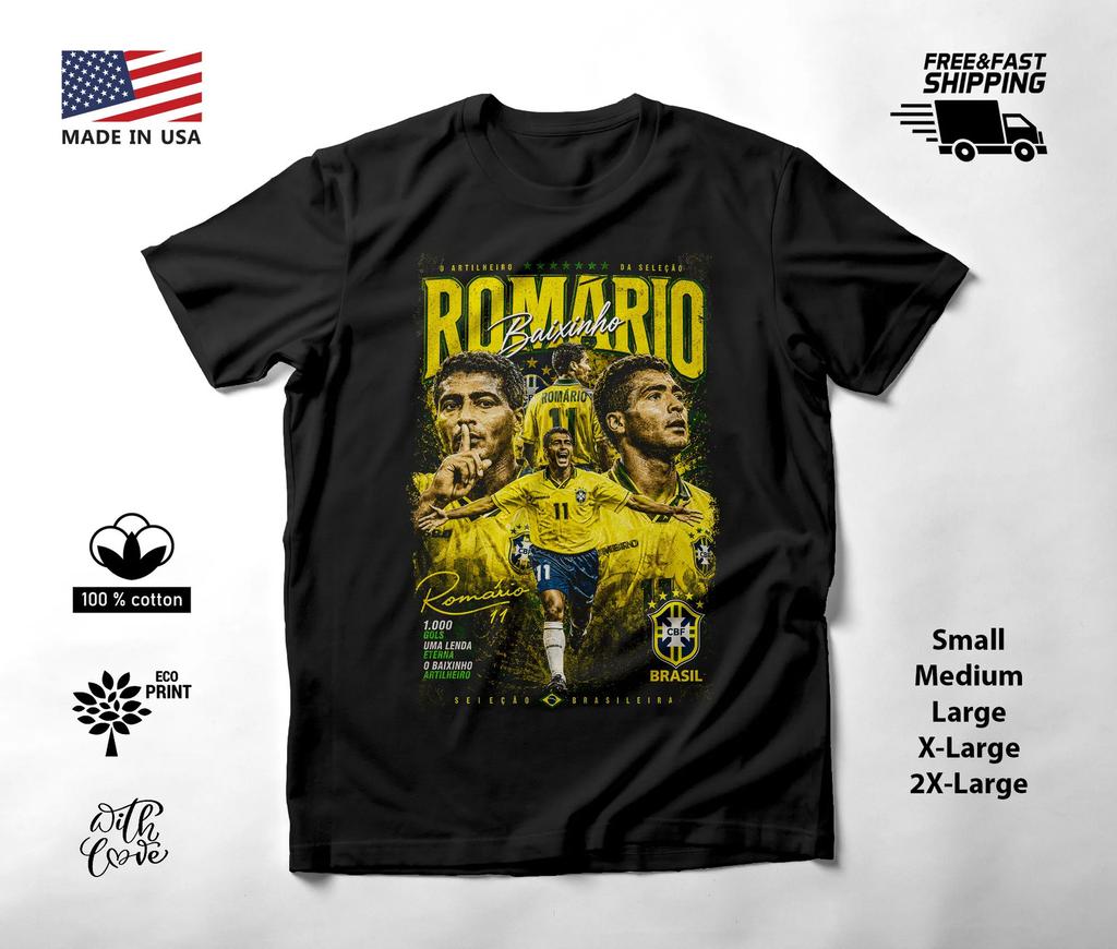 Romario Brazil Yellow Green Montage Soccer T-Shirt Black Unisex S-2XL