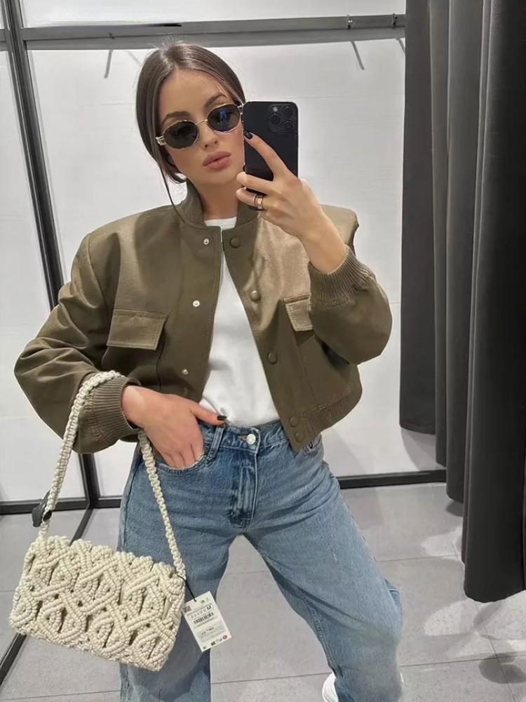 2024 элегантная однотонная уличная куртка женская с длинным рукавом на пуговицах тонкое укороченное пальто женские карманы дизайн повседневные шикарные топы новые