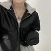 Autumn America Chic Vintage Short Jacket Women Retro High Street Long Sleeves Leather Coat Fashion Zipper Hoodie Style Outerwear