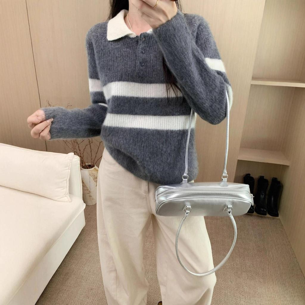 Women's Loose Fit Fuzzy Striped Wool Polo Sweater with Contrasting Lapel