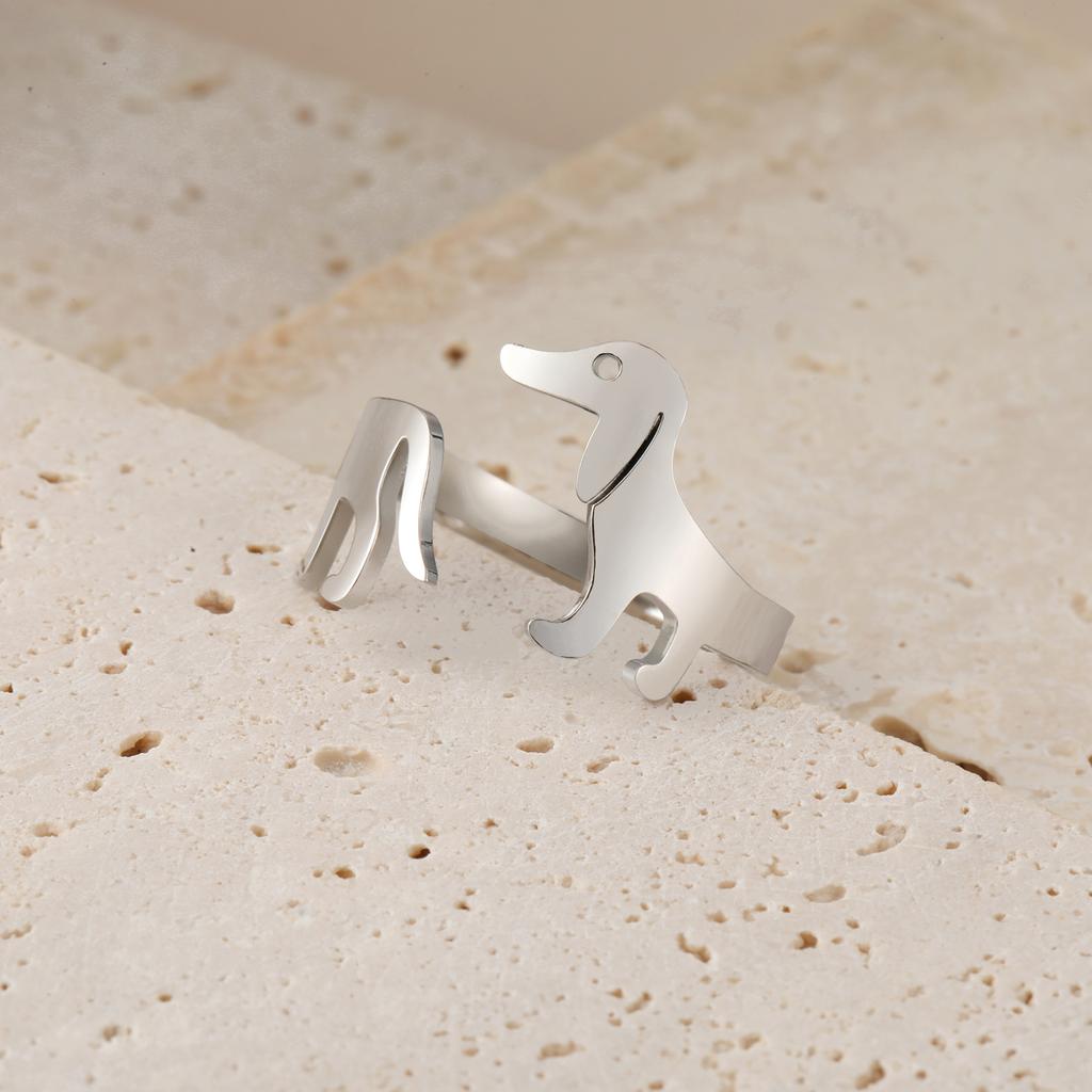 Lemegeton Men's Cute Sausage Dog Open Ring Women's Adjustable Stainless Steel Pet Dog Ring Fashion Jewelry Animal Lover Gift