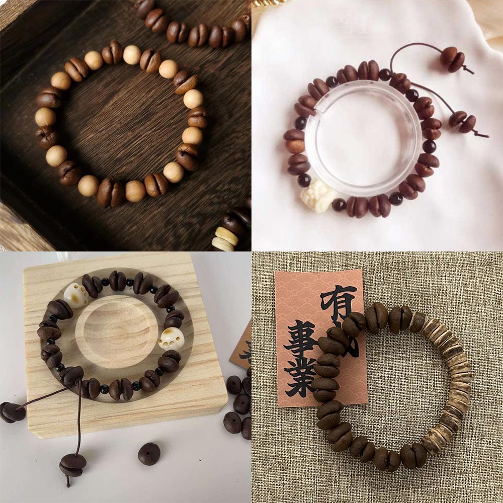 Handmade Natural Real Coffee Bean Bracelet Elastic Sandalwood Coconut Chip Wood Splicing Woven Jewelry Bracelet for Women