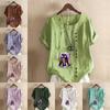 Women's Fashion Round Neck Short Sleeve T-shirt Casual Cotton Linen Graphic Shirt Elephant Prined Summer Blouse Tops Plus Size