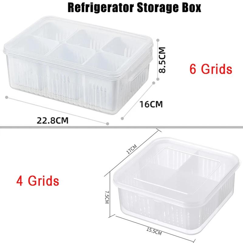 Food Vegetable Refrigerator Storage Box 4/6 Grid Fruit Storage Box Fridge Organizer Drain Basket Meat Onion Ginger Clear