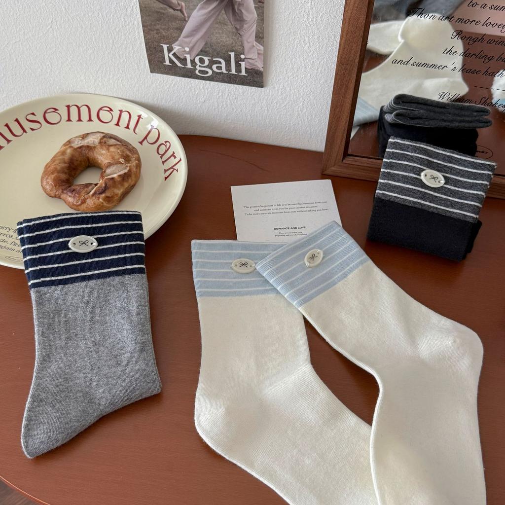 Button Bow Socks Medium Tube Socks Tide Cotton Versatile College Style Striped Contrasting Color Stacking Socks