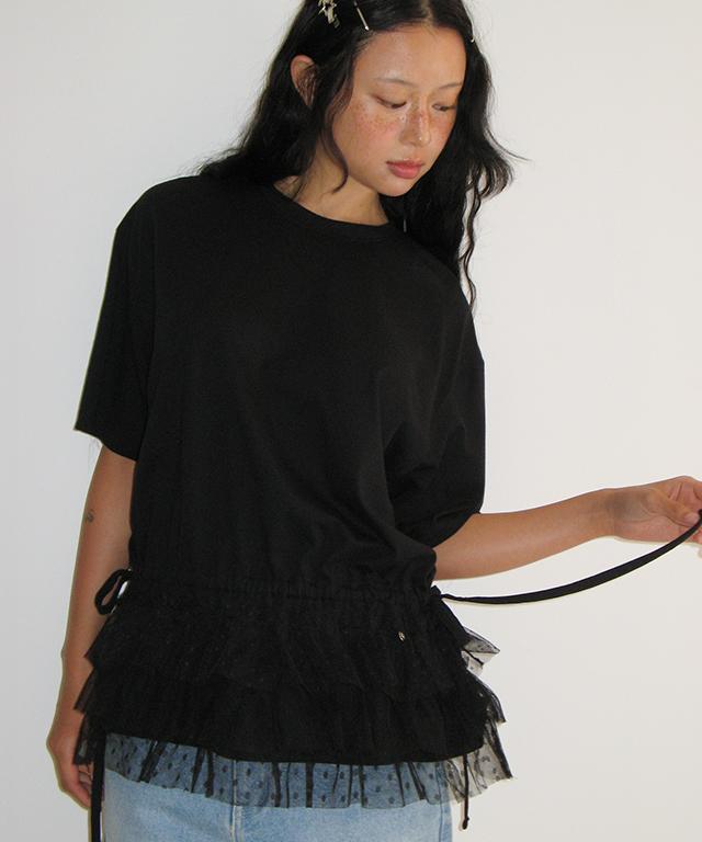RONRON Double Layered Shirring Short T Shirt Black