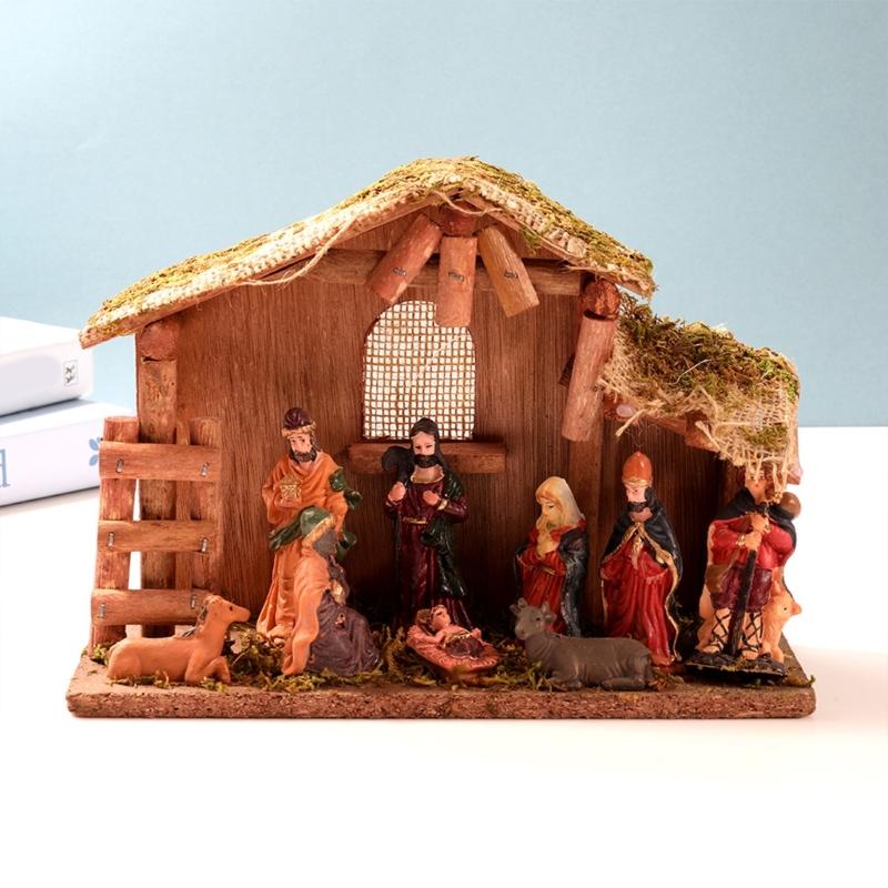 Mini Christmas Nativity Set Holy Family Resin Figurine Statue with Stable Miniature Christmas Nativity Scene Sculptures