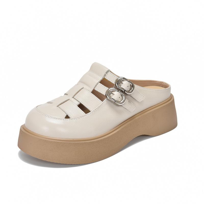 Johnature Женские уличные тапочки с круглым носком и полыми отверстиями, легкие сандалии из натуральной кожи на толстой подошве