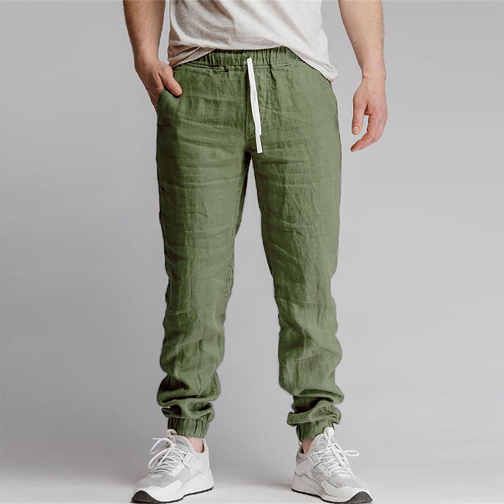Новые мужские однотонные спортивные повседневные дышащие брюки из хлопка и льна со шнурком