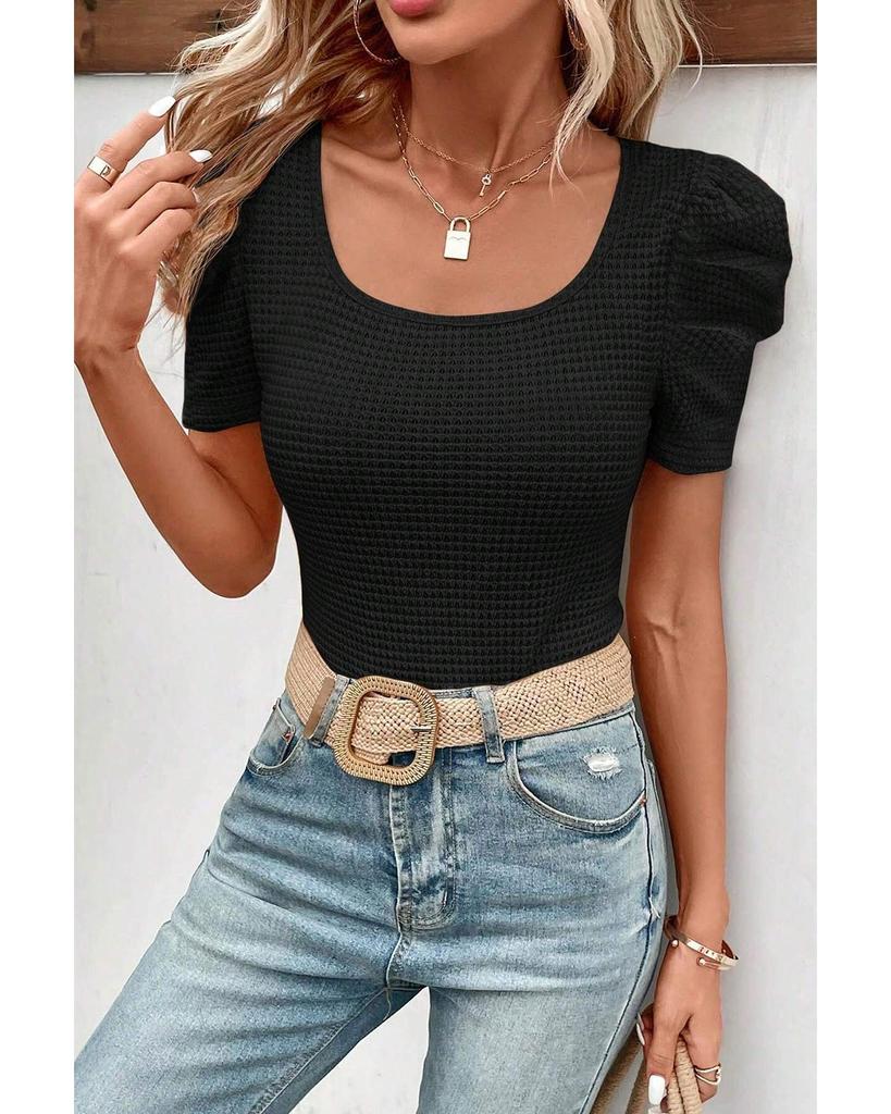 Azura Exchange Black Waffle Knit Ruched Puff Sleeve Top