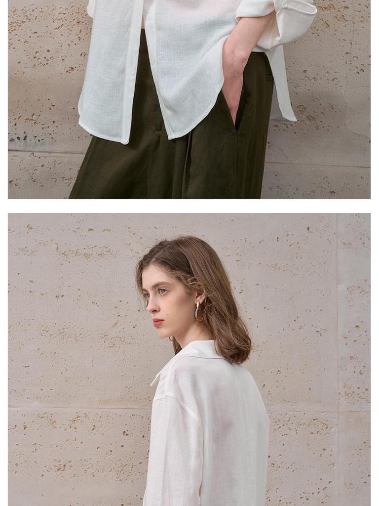 Женский легкий кардиган-рубашка с длинным рукавом из чистого льна - Минималистичный, однотонный, свободного кроя, летний стиль с лацканами