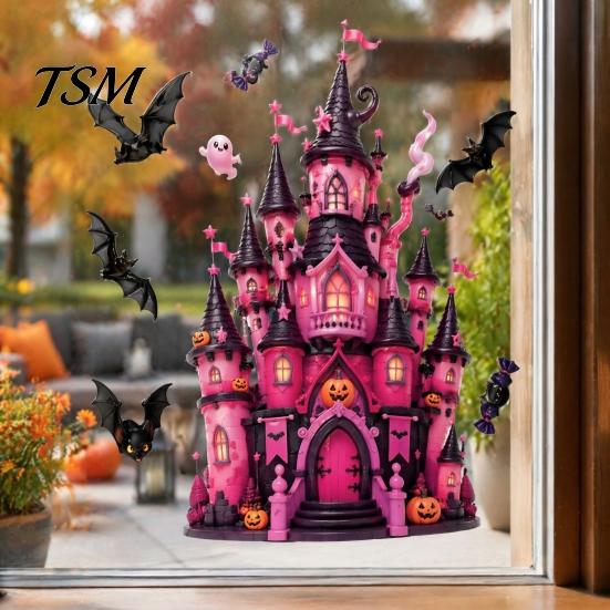 Decorative Static Clings for Party 9 Pcs Pink Halloween Window Clings, Cute Skull Witch Castle Bat Pumpkin Removable PVC Wall Decals School