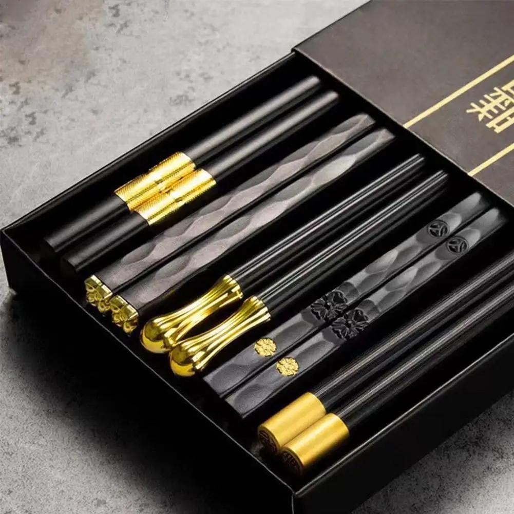 5 пар китайских палочек для еды из сплава, палочки для суши, многоразовые, легкие, роскошные, бытовые, черные, золотые палочки для еды, здоровая посуда из сплава