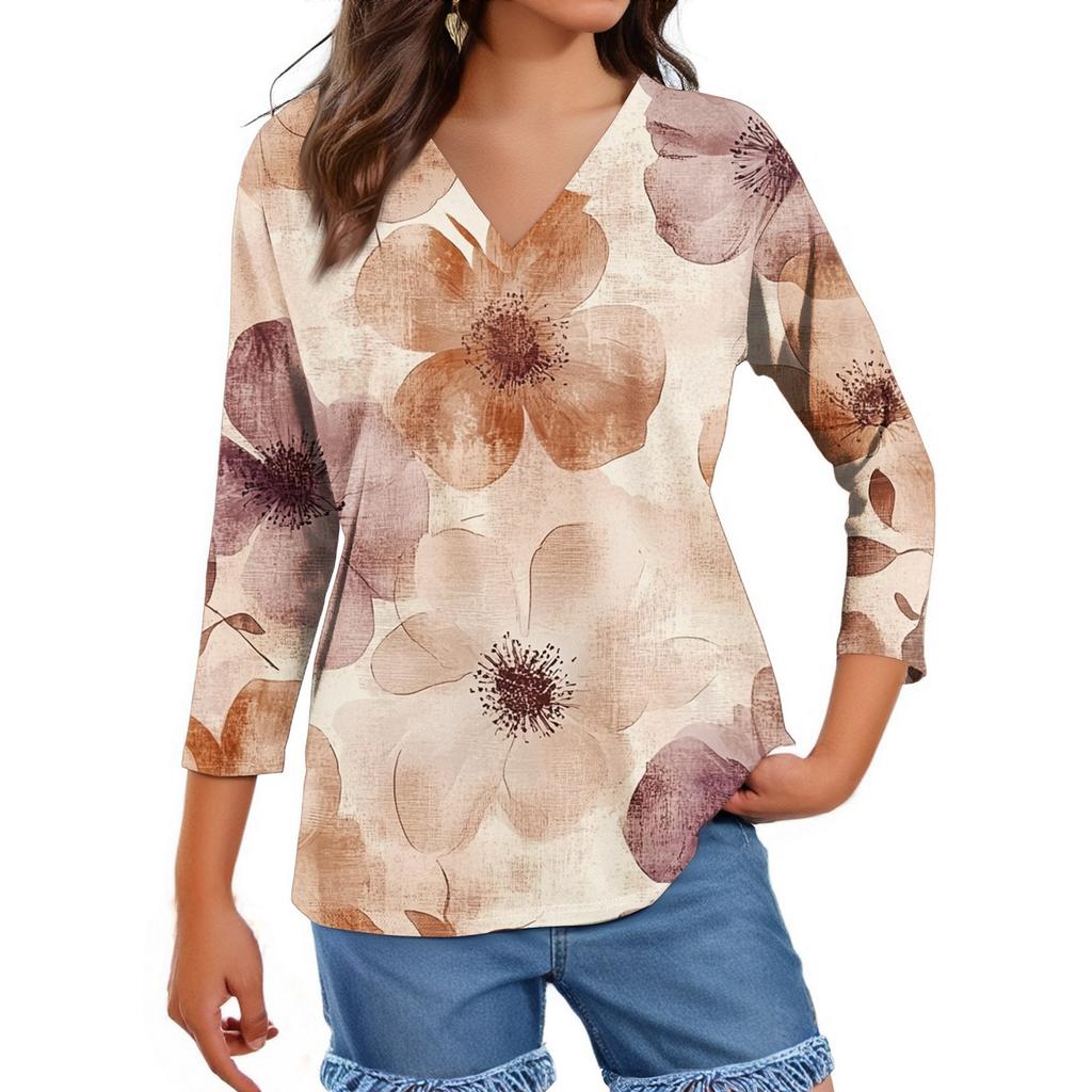 Женские топы, рубашка с рукавом три четверти, свободная повседневная рубашка с V-образным вырезом, футболка с цветочным принтом