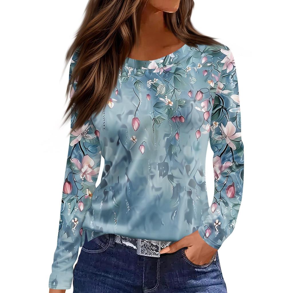 Women's Casual T-shirt 3D Printed Floral Floral Print Round Neck Retro Elegant Long Sleeves Women's Fashion Pullover Long Sleeve