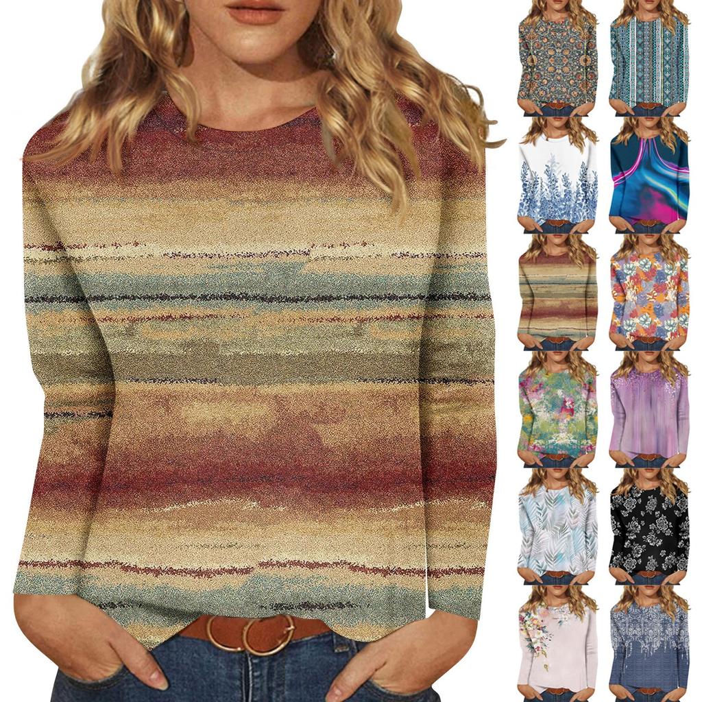 Long Sleeve Shirts For Women Cute Print Graphic Tees Blouses Casual Plus Size Basic Tops Pullover