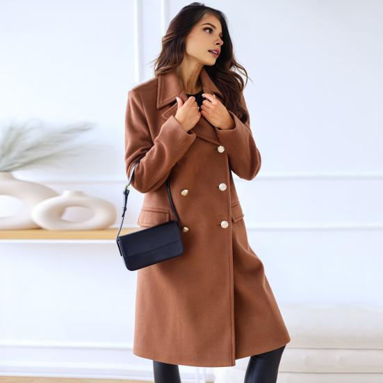 Women Winter Overcoat Turn-down Collar Pockets Pure Color Double-breasted Cardigan Loose Fit Coat