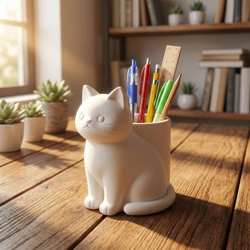 3D Printed Cat-Shaped Storage Tube Plastic Stationery Storage Box Funny Desk Organizer Office