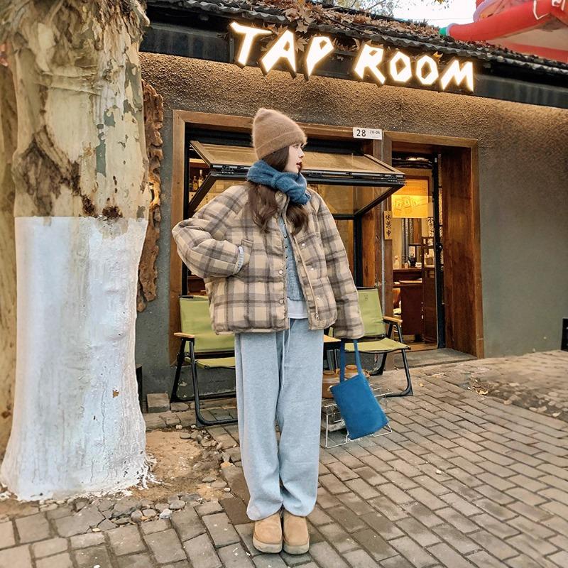 Plaid short down cotton clothes women's winter new plaid cloth loose and thin thickened cotton coat