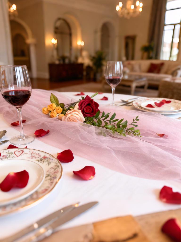 Розовый тюлевый дорожка на стол - Прозрачная шифоновая скатерть для Дня святого Валентина, Свадебной годовщины, Романтического ужина, Вечеринки, Домашнего декора