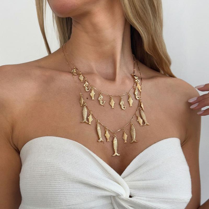 2pcs Set Creative Mermaid Small Fish Tassel Pendant Gold Color Layered Necklaces Set for Women Summer Bohemian Vacation Jewelry
