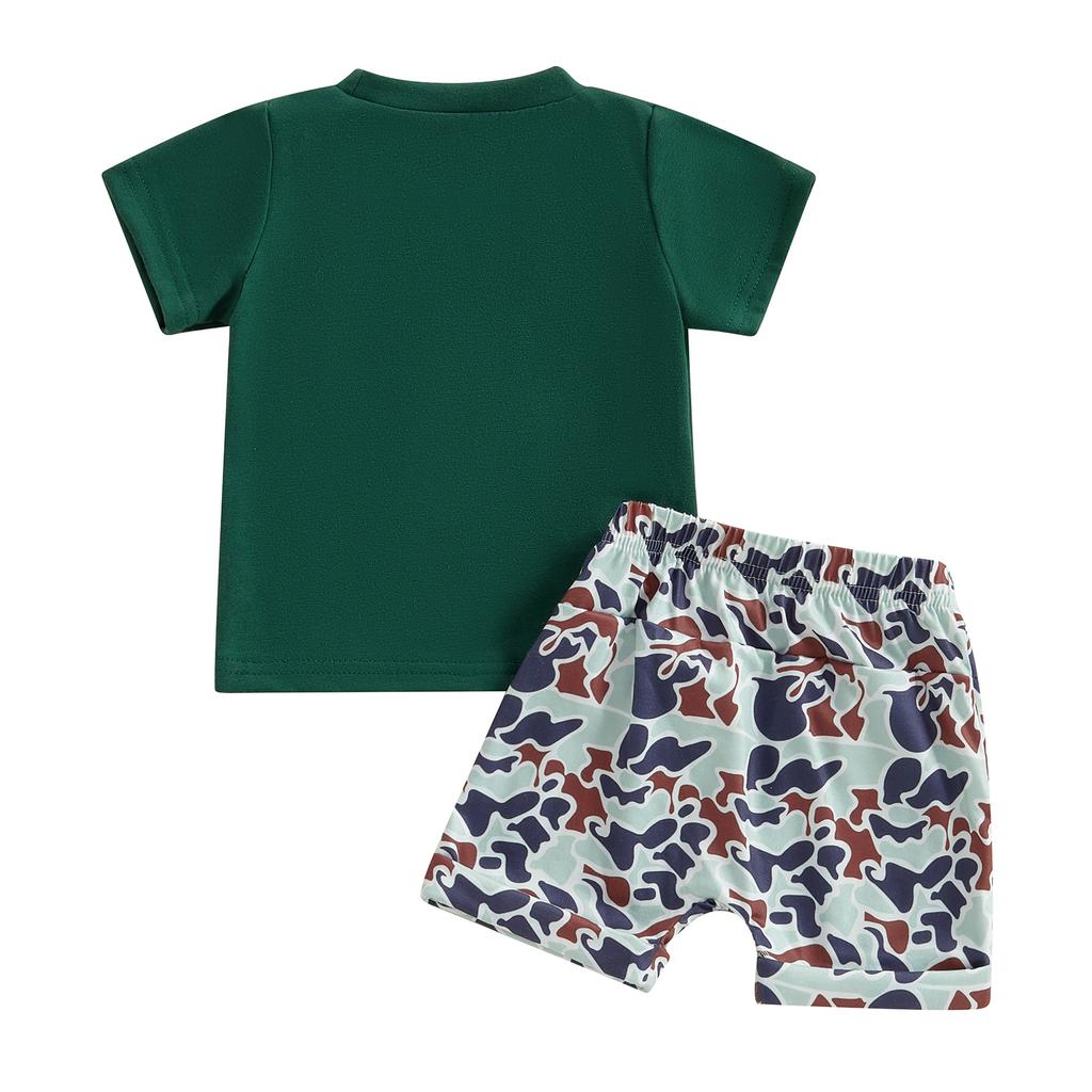 Boys Summer Shorts Sets Short Sleeve O Neck Duck Embroidery Tops and Camouflage Shorts Sets