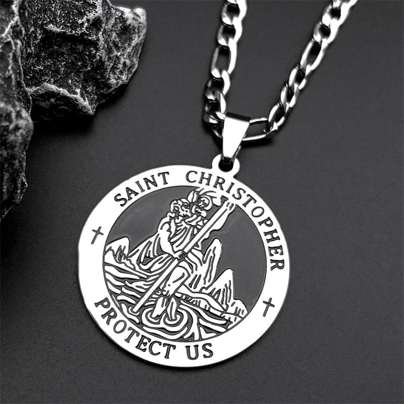 Saint Christopher Protect Us Enamel Medal Pendant Necklace for Women Men Stainless Steel Christian Chain Amulet Jewelry Gift