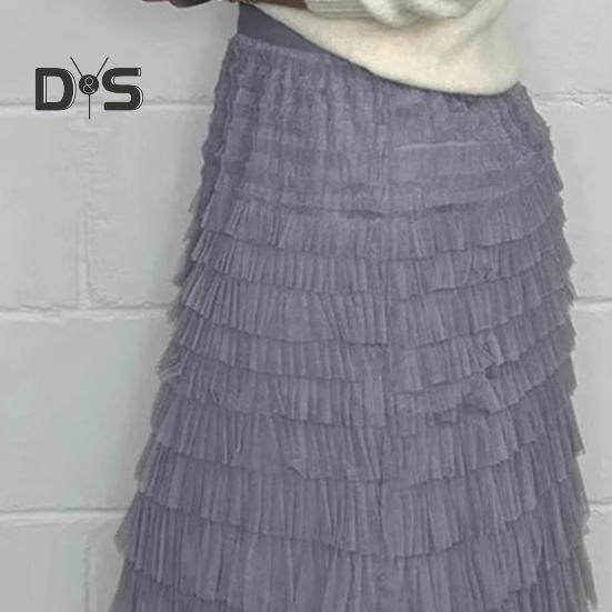 Women Midi Skirt Elastic High Waist Multi Layer Mesh Yarn Long Skirt Solid Color Slimming Style Versatile Skirt