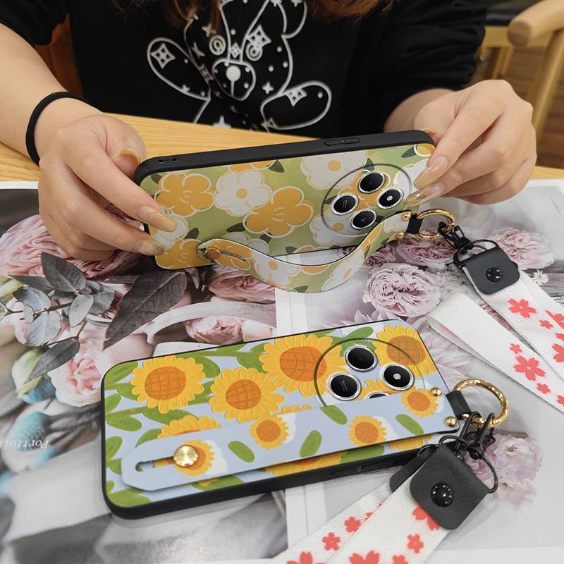 Silicone Soft Case Phone Case For Redmi A4 5G Wrist Strap Ring Kickstand Flower Anti-dust Lanyard Phone Holder Durable