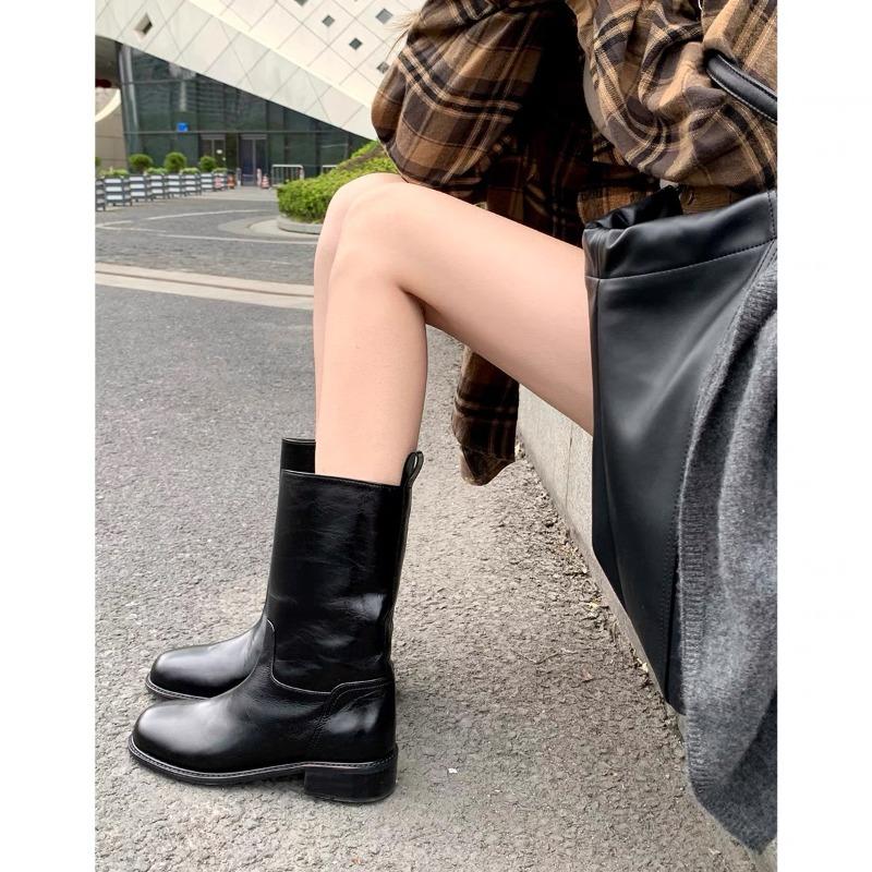 Women's Wide Tube Boots Round Toe 4CM Square Heel Comfortable Casual Women Shoes Velvet Black Pleated Leather Mid-Calf Boots