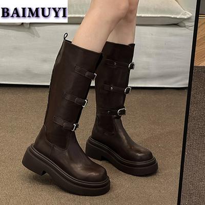 Женские ботинки челси на массивной платформе до колена, кожаная обувь, зима 2025, роскошные бренды, новый мотоциклетный тренд, готические, зимние ботинки для женщин