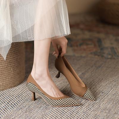 Винтажные одиночные туфли с узором «гусиные лапки» и цветными блоками, женские осенние новые женские туфли на шпильке с острым носком