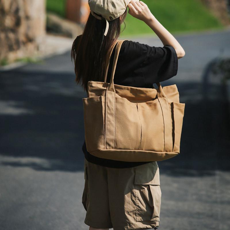 Canvas Bag Women's Large Capacity Shoulder Tote Bag Solid Color Hobo Bag
