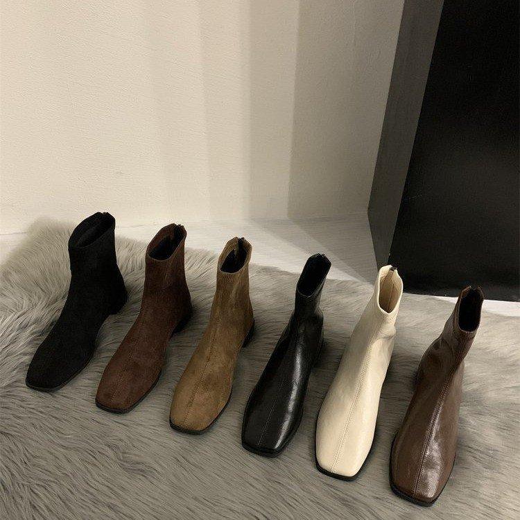 Martin boots genuine leather Korean retro square head suede thick heel heightened thin short boots women's autumn and winter