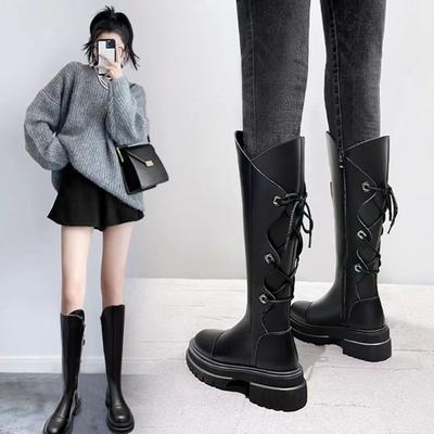 Женские сапоги 2024 года, новые зимние черные женские сапоги до середины икры, модные высокие сапоги с круглым носком, простые универсальные туфли на платформе с перекрестными ремешками