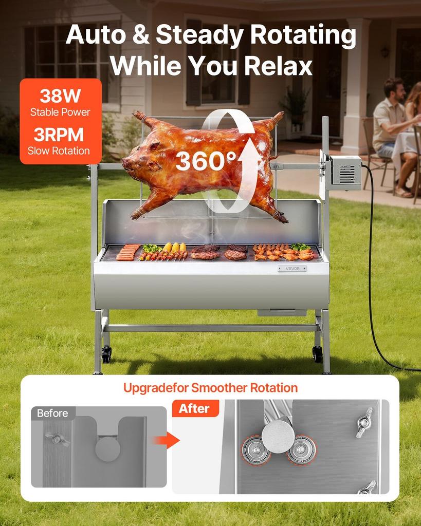 Rotisserie Grill, 38W BBQ Outdoor Pig & Lamb Spit Roaster, Charcoal Spit Roaster with 60 kg Load Capacity & 7-Level Height, Stainless Steel Electric
