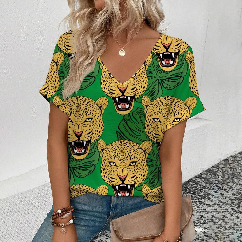 Summer Clothing V-neck Sexy Leopard 3D Print T-shirt Animal Pattern Women's Shirt Short Sleeve Street T-shirt