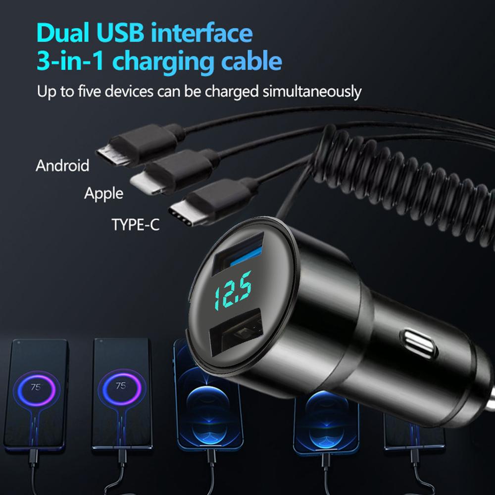 66W Car Phone Charger with Voltage Display Dual USB Fast Charging Adapter + 3 In 1 Stretchable Cable