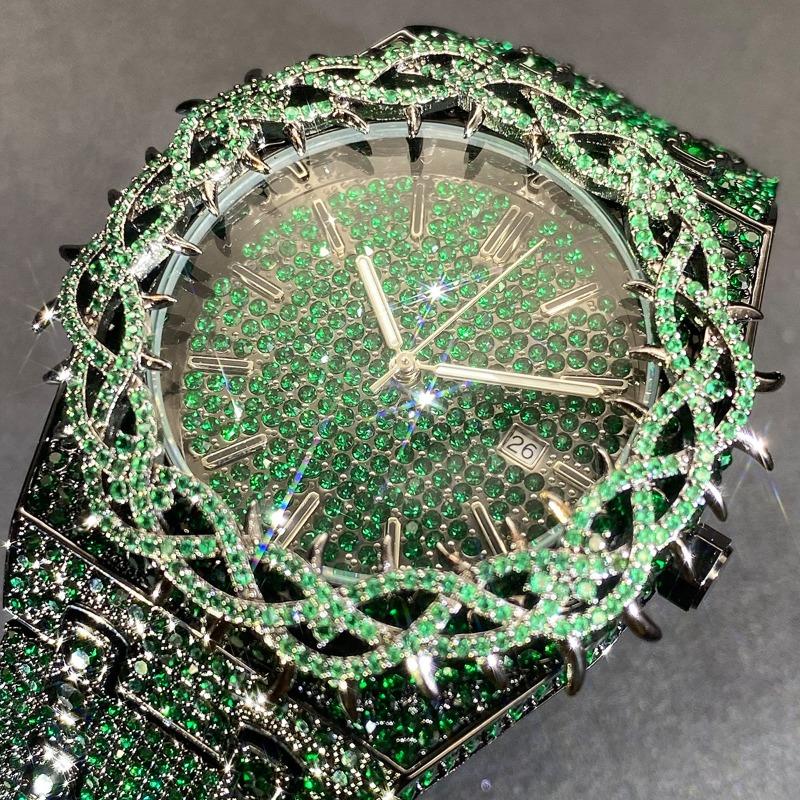 Unique Dial Thorn Design Inlaid Zircon Green Full Diamond Hip-hop Large Dial Men's Watch